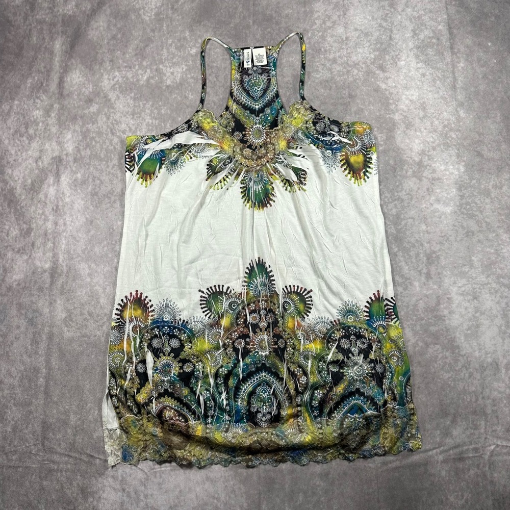 Full Tilt Womens XL Paisley Boho Lace Trim Racerback Tank Top Y2K Festival Flowy